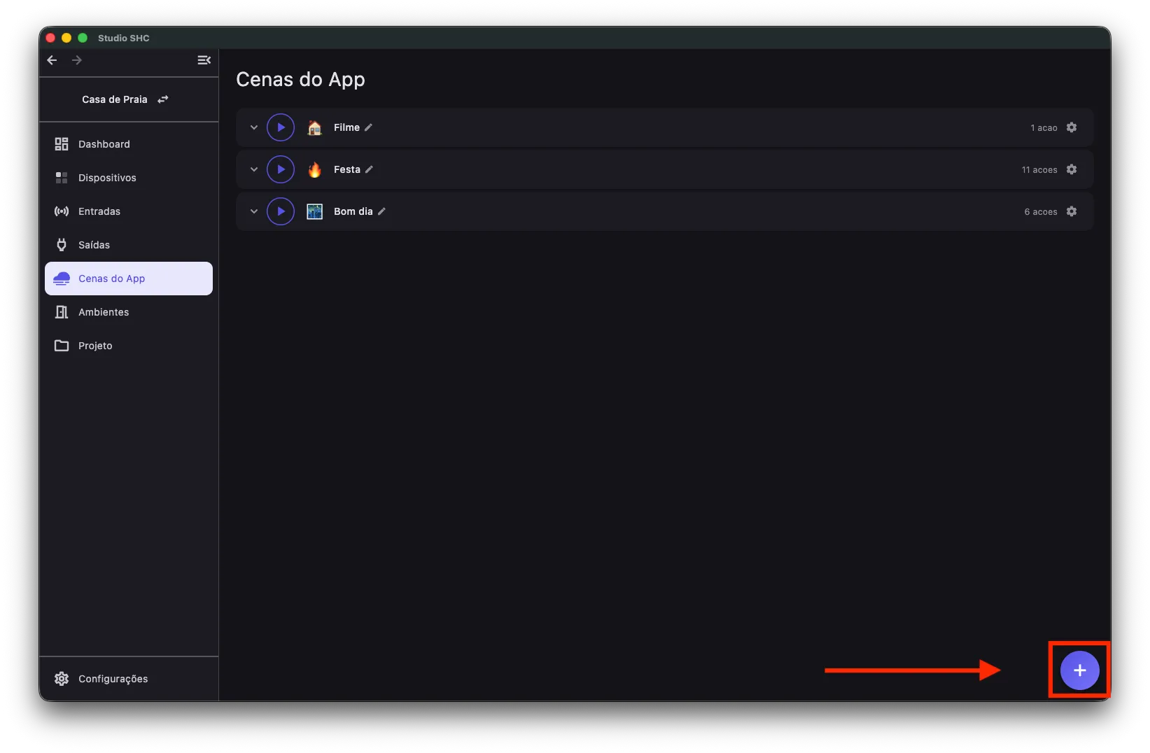 Tela Cenas do App com o botão + no canto inferior direito