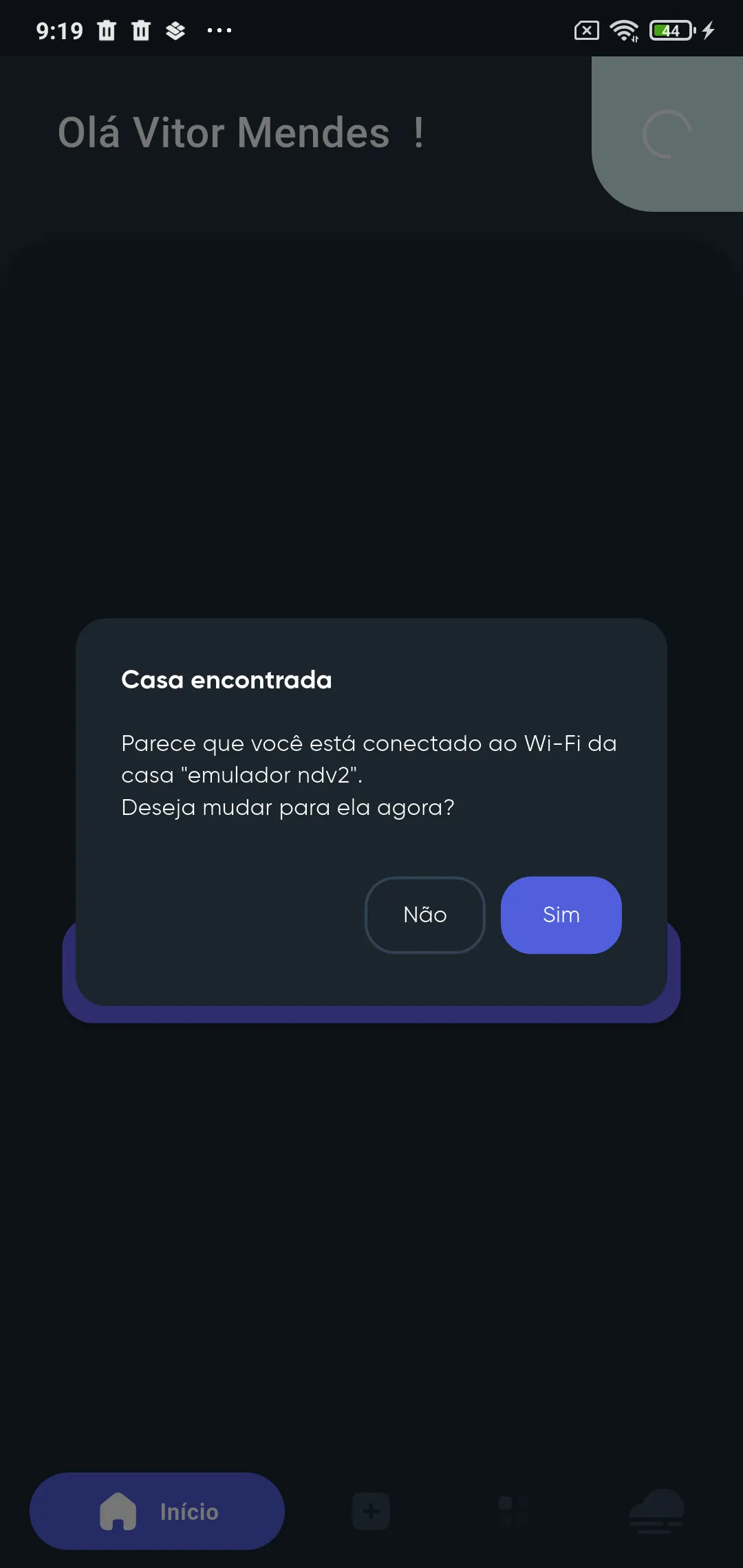 Aviso Casa encontrada perguntando se você quer mudar para a casa do Wi-Fi, com os botões Não e Sim