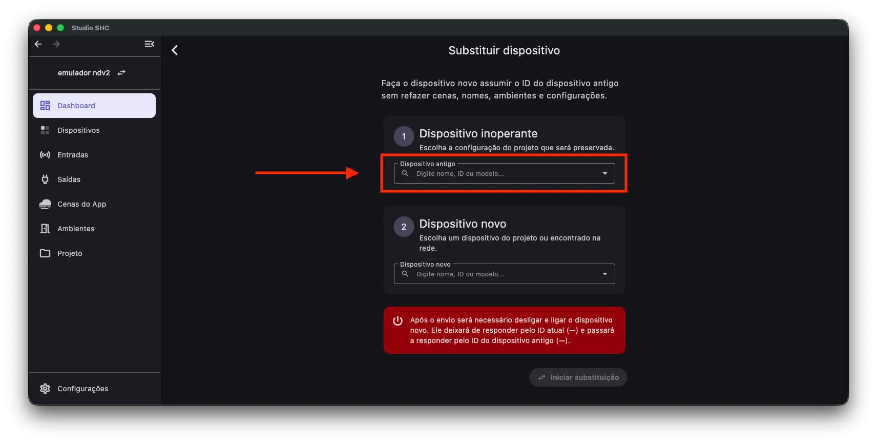 Seleção do dispositivo antigo na tela Substituir dispositivo