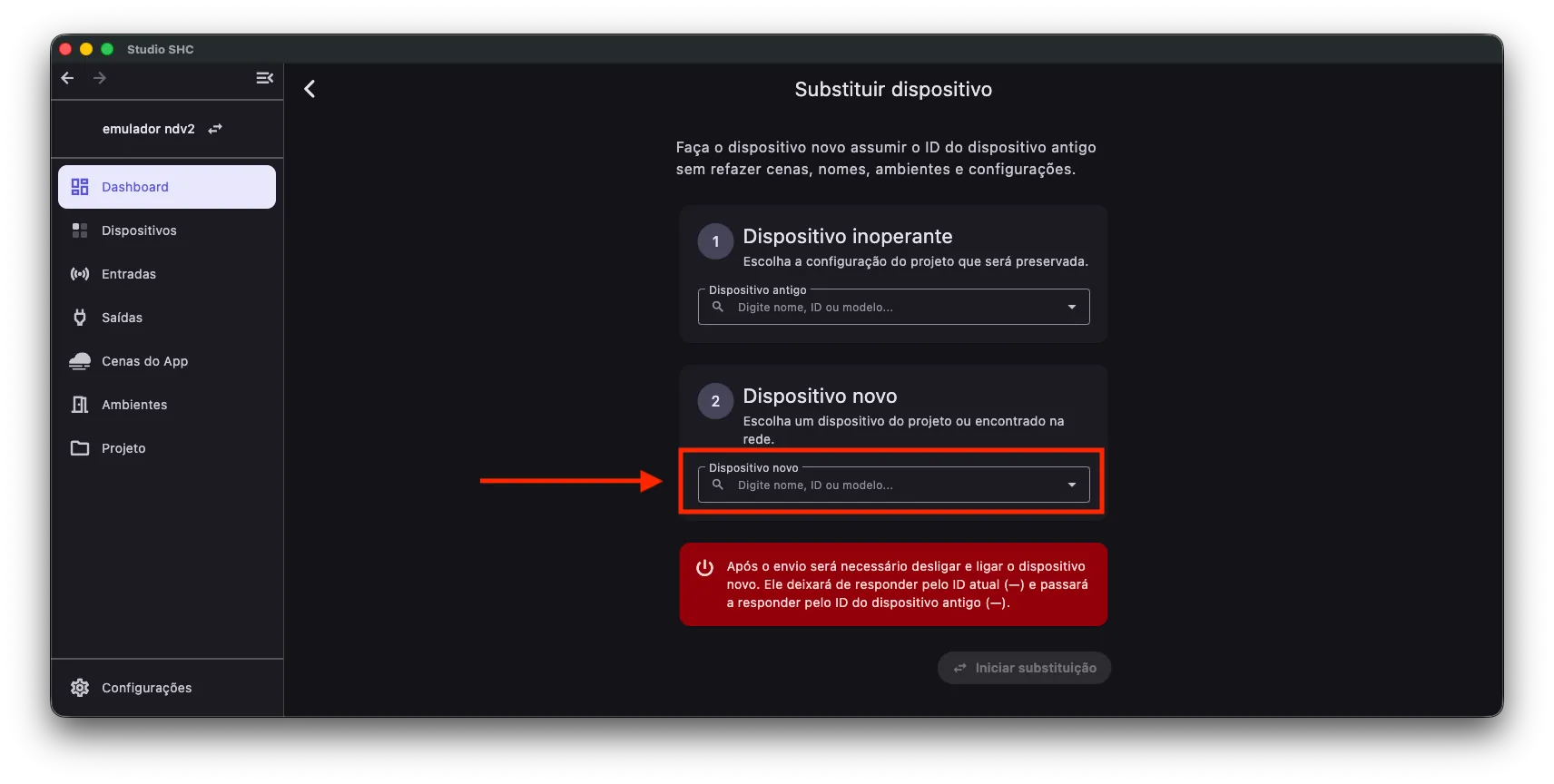 Seleção do dispositivo novo na tela Substituir dispositivo