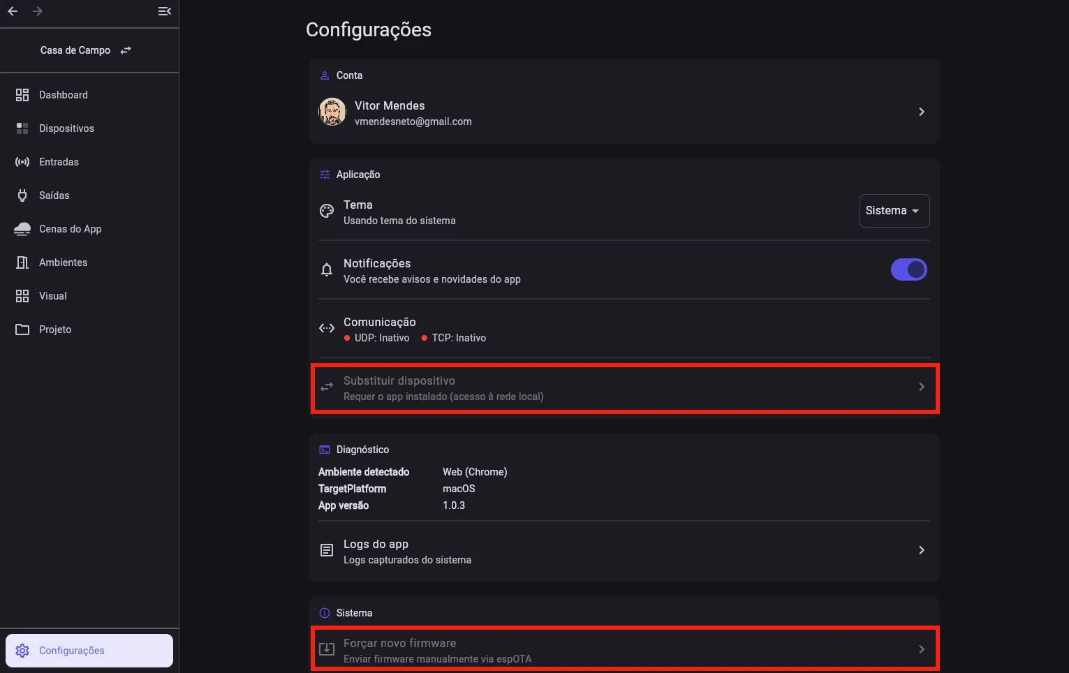 Configurações abertas no navegador