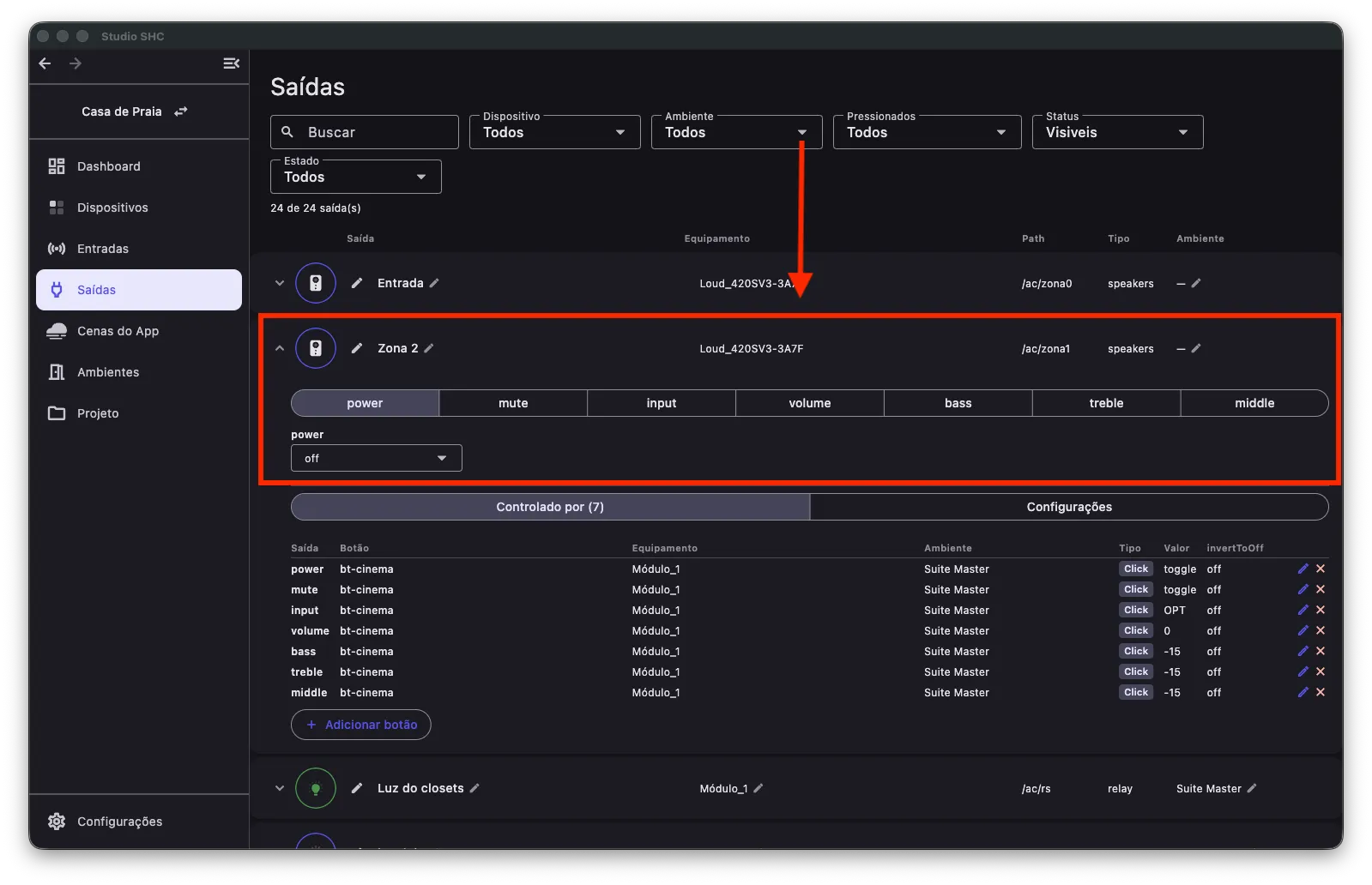 Saída expandida com os comandos específicos, como power, mute, input e volume