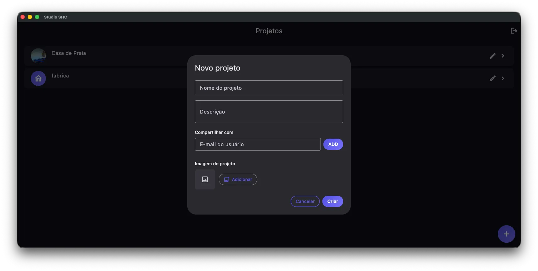 Janela do projeto com a área Compartilhar com