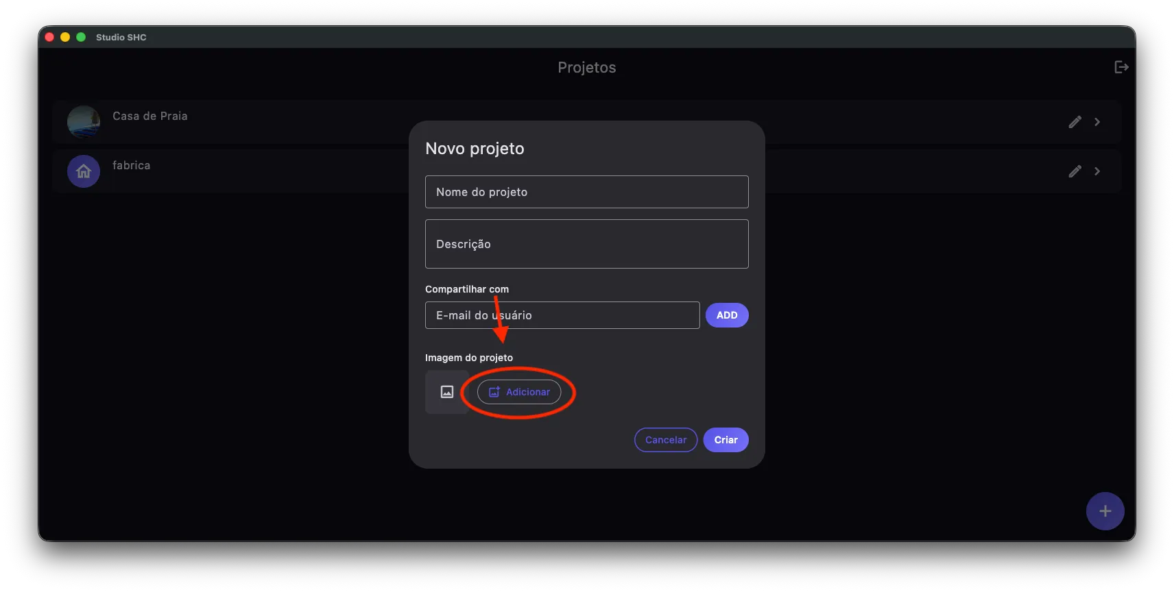 Botão Adicionar ao lado da imagem do projeto, na janela Novo projeto