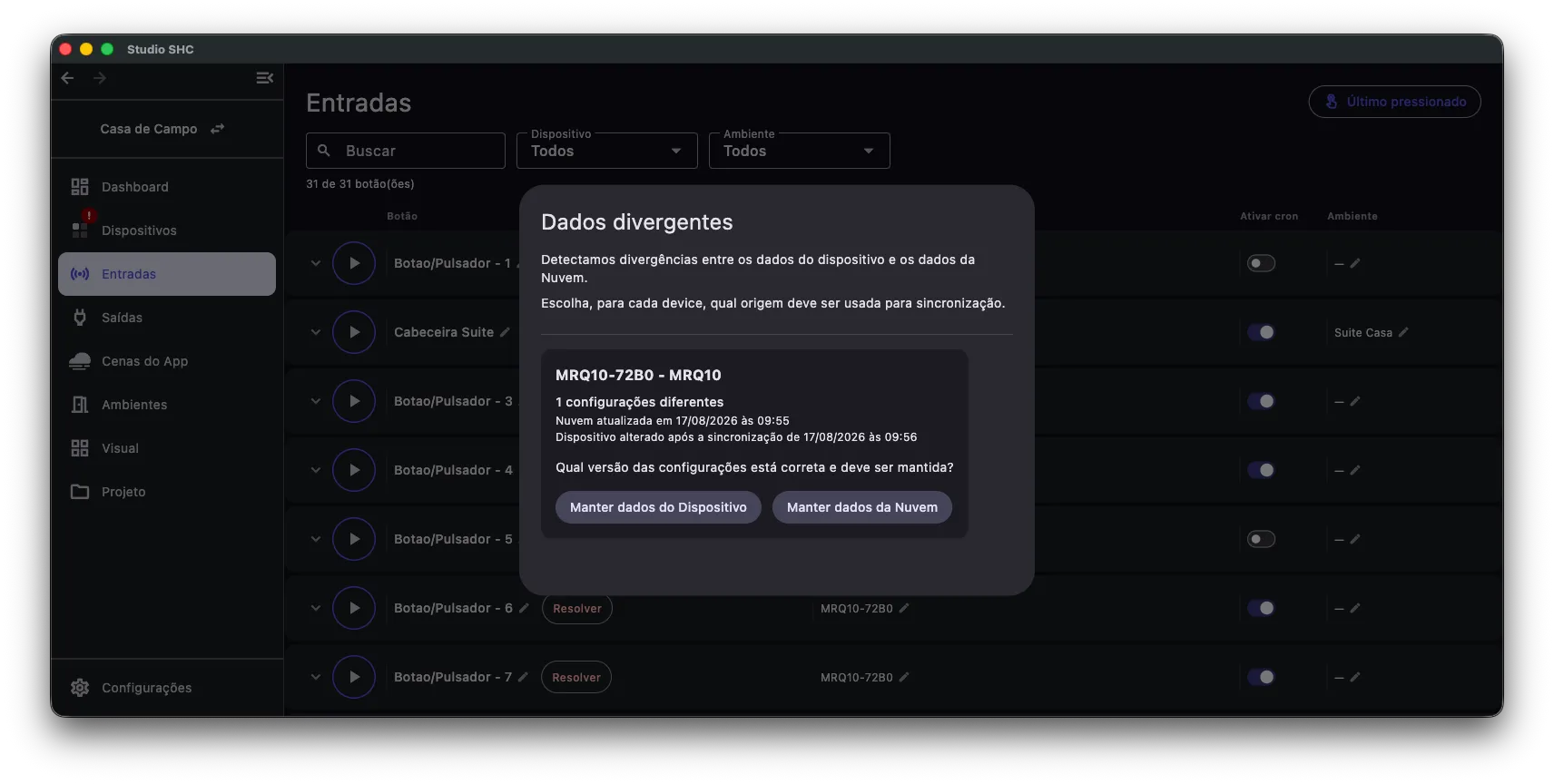 Janela Dados divergentes com o cartão de um dispositivo e os botões de escolha