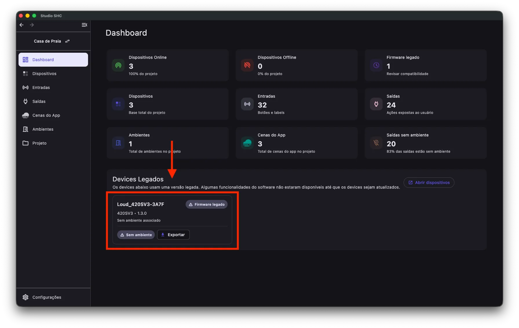 Área de aviso com os dispositivos de firmware antigo no Dashboard