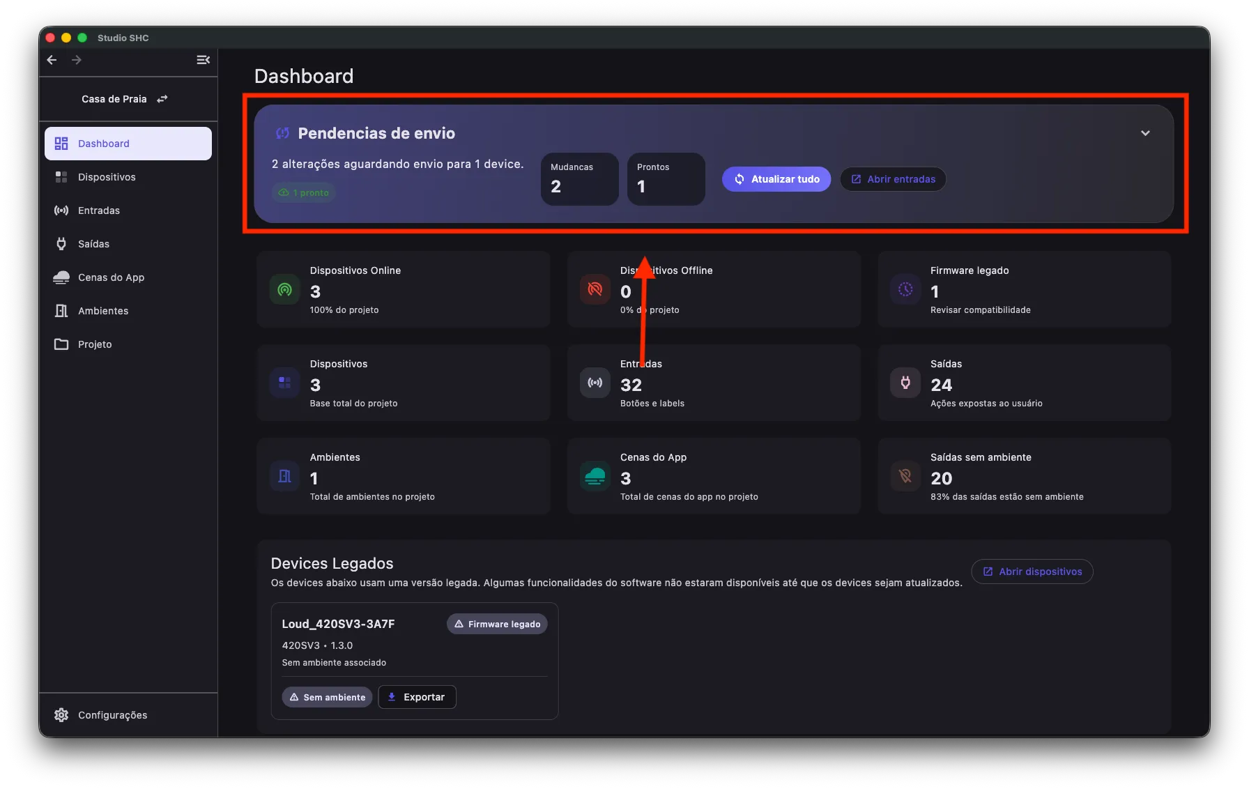Aviso de mudanças pendentes no topo do Dashboard, com o botão Atualizar tudo