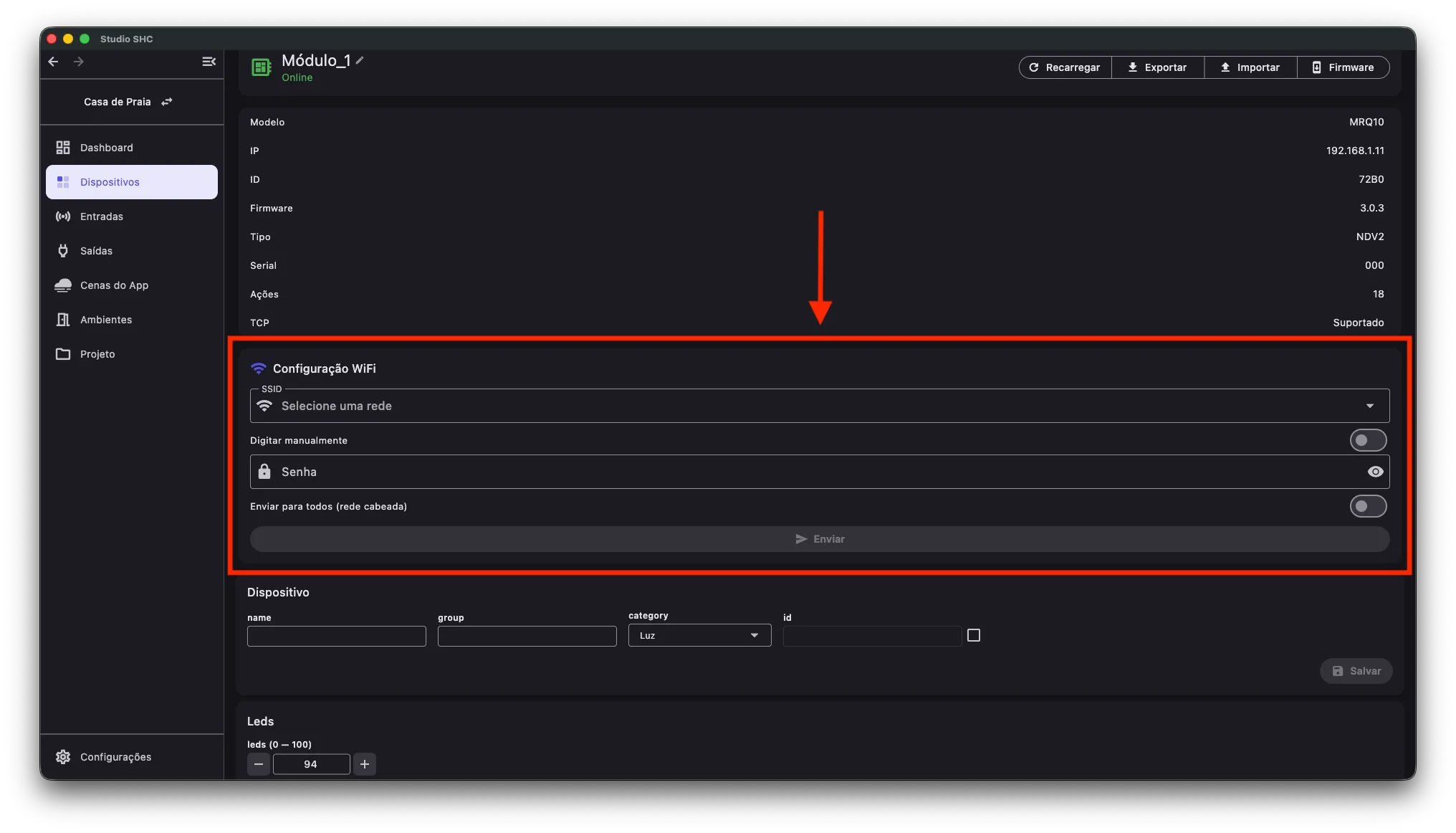 Bloco Configuração WiFi nos detalhes do dispositivo