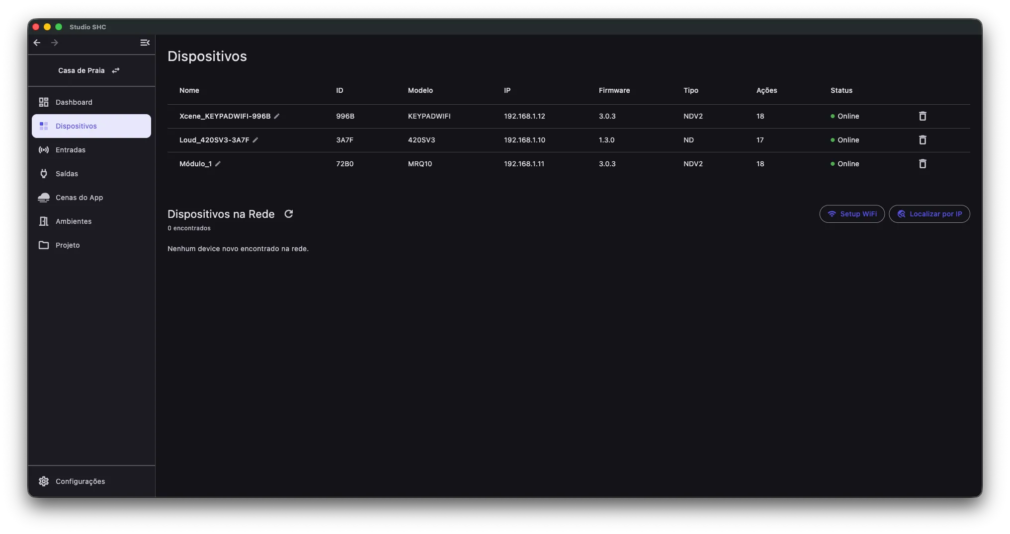 Status do equipamento na lista de dispositivos