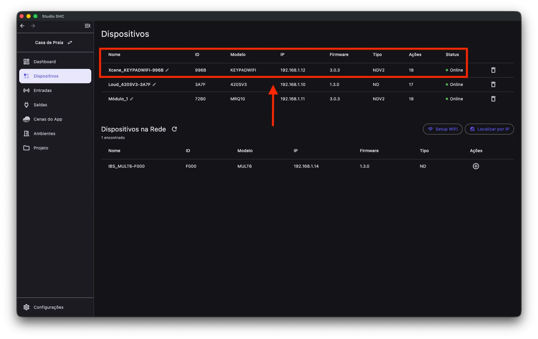 Cabeçalho da lista de dispositivos com as colunas