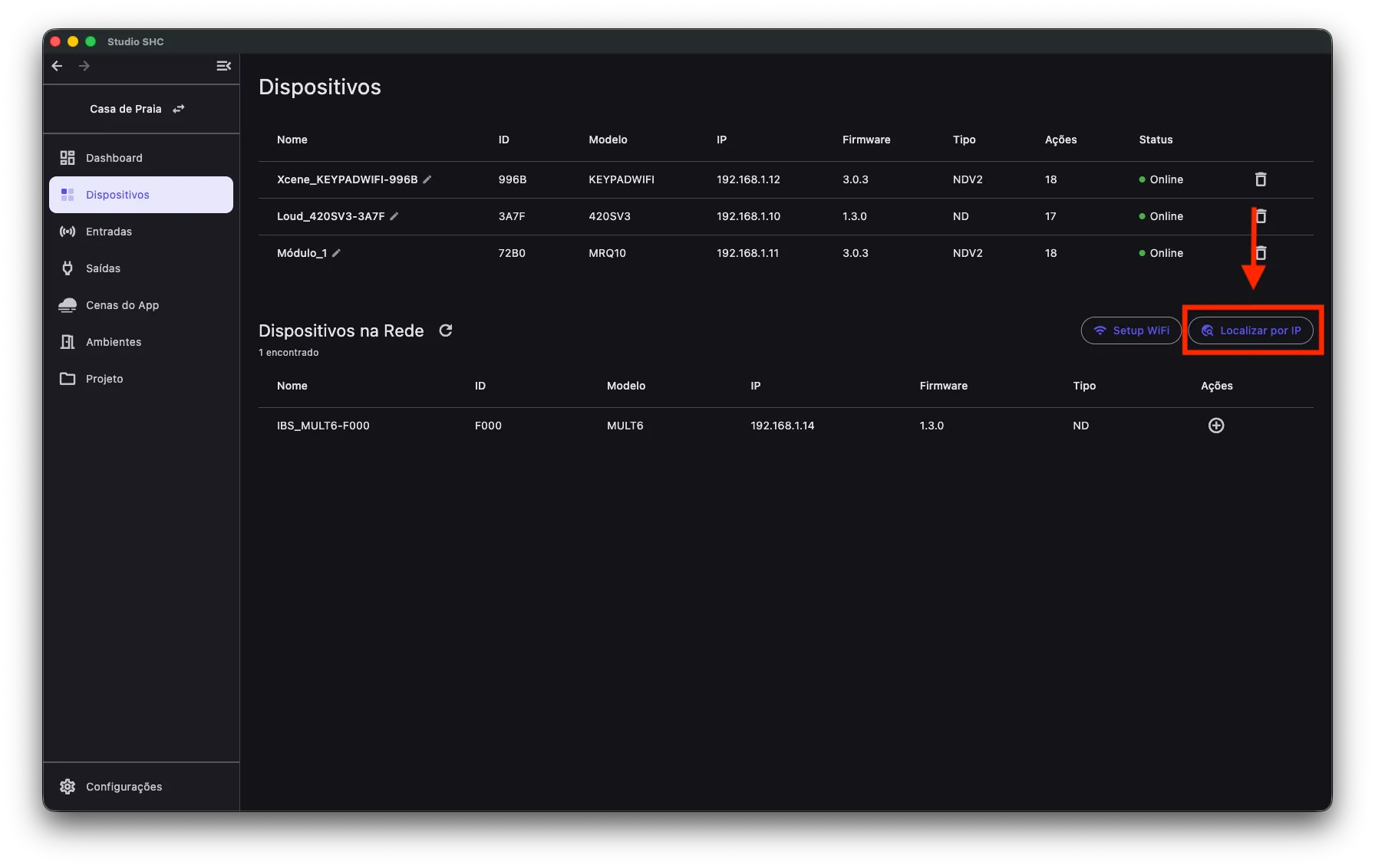 Botão Localizar por IP na seção Dispositivos na rede
