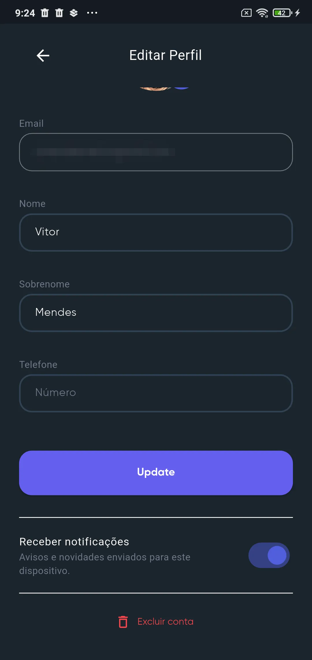 Tela Editar Perfil com os campos Email, Nome, Sobrenome e Telefone, o botão Update, a opção Receber notificações e Excluir conta