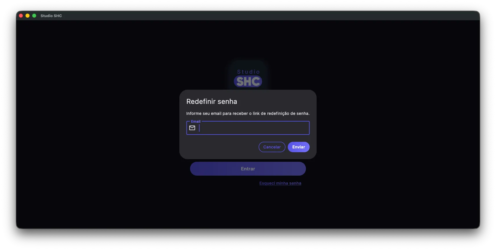 Janela Redefinir senha com o campo de e-mail e os botões Cancelar e Enviar