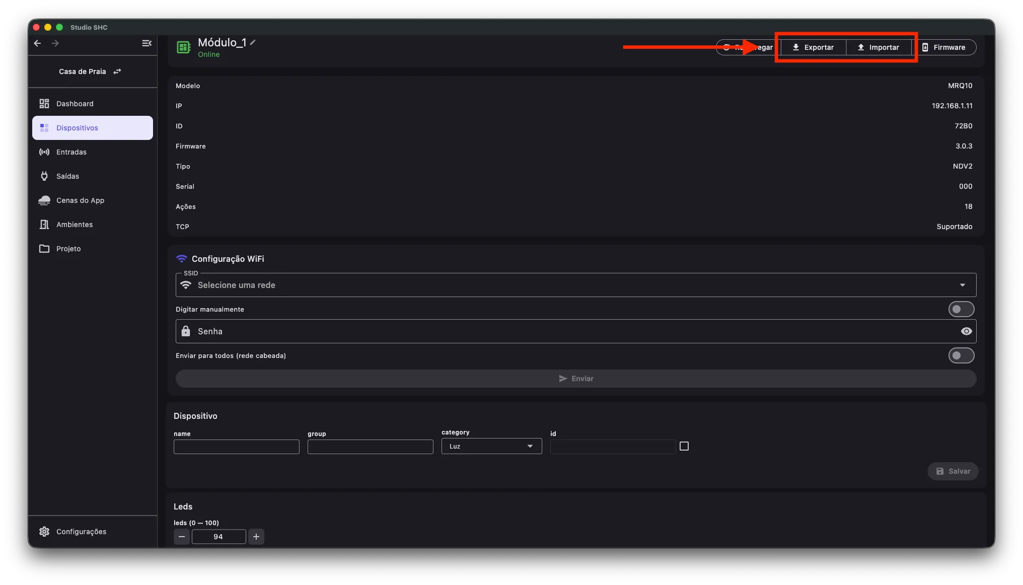 Botões Exportar e Importar no topo da tela Detalhes do dispositivo