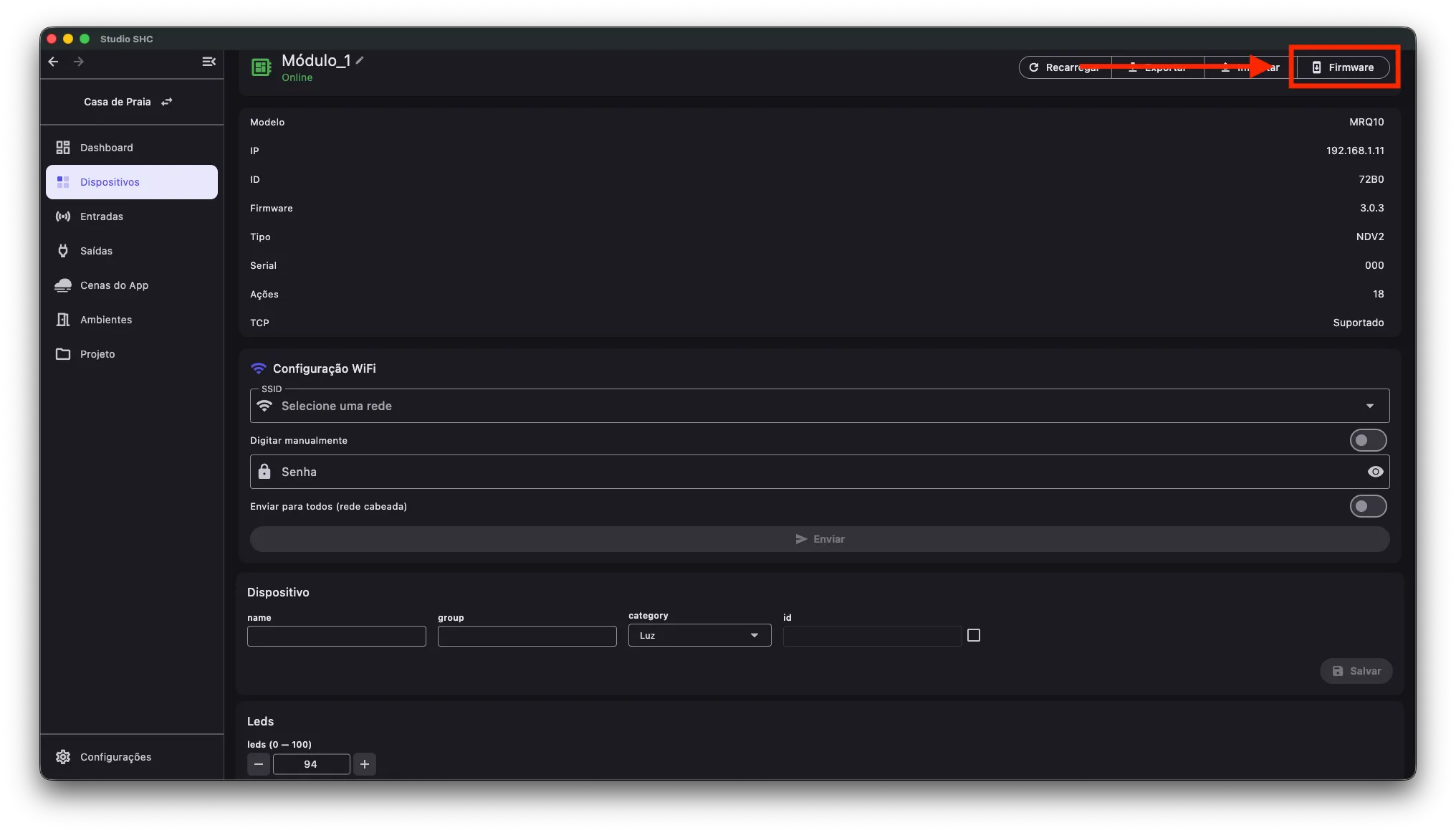 Botão Firmware destacado no topo da tela Detalhes do dispositivo