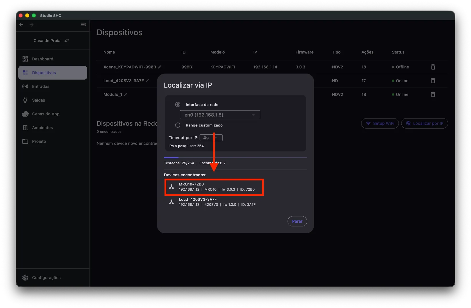 Lista de dispositivos encontrados na janela Localizar via IP