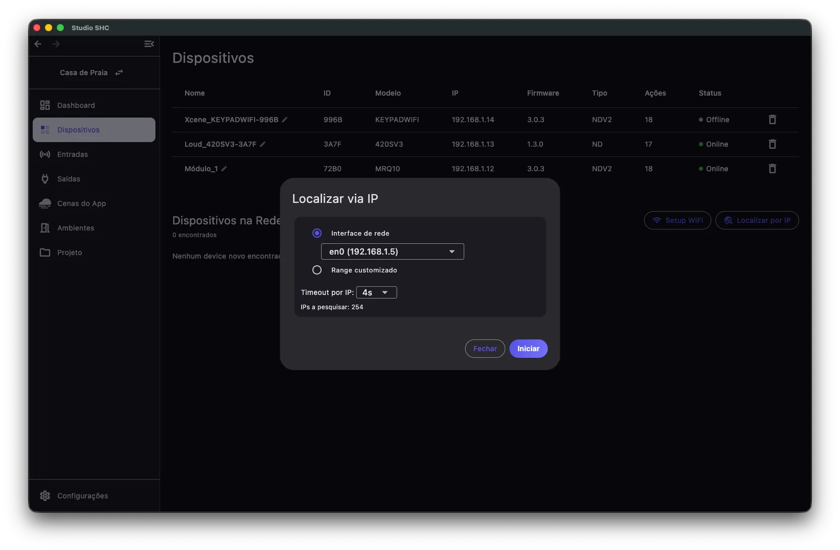 Janela Localizar via IP com a opção Interface de rede