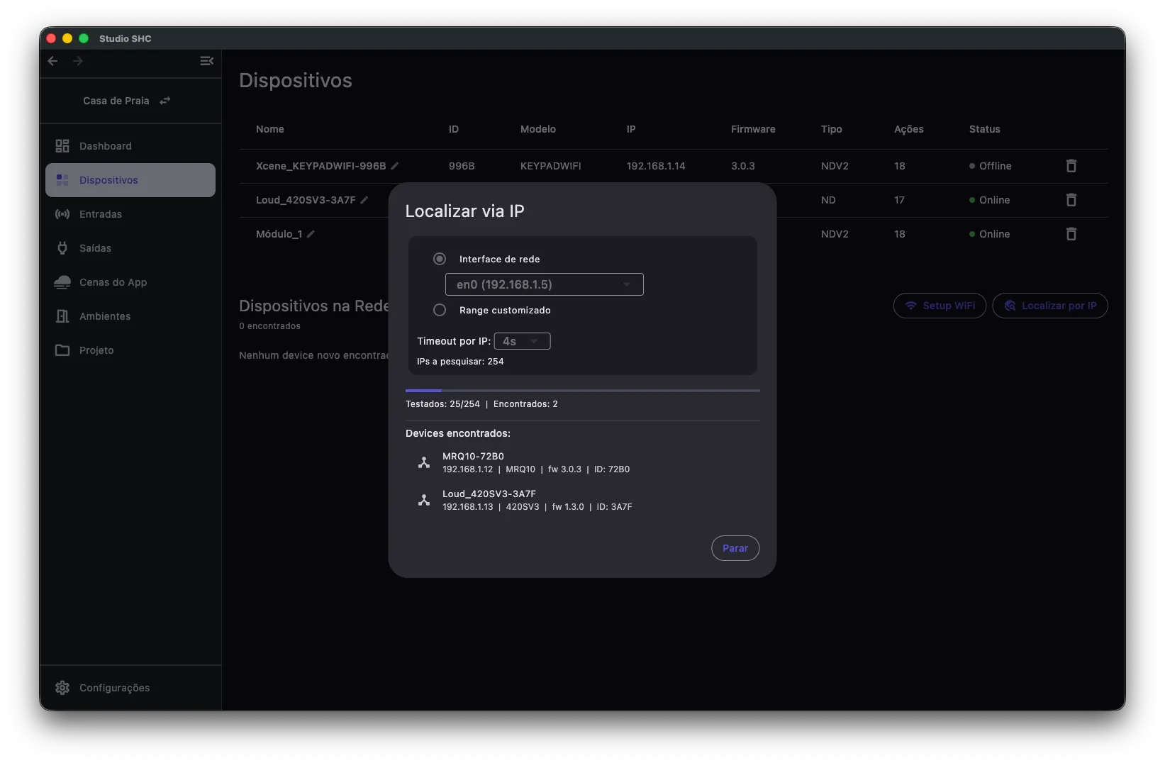 Busca em andamento com a lista de dispositivos encontrados