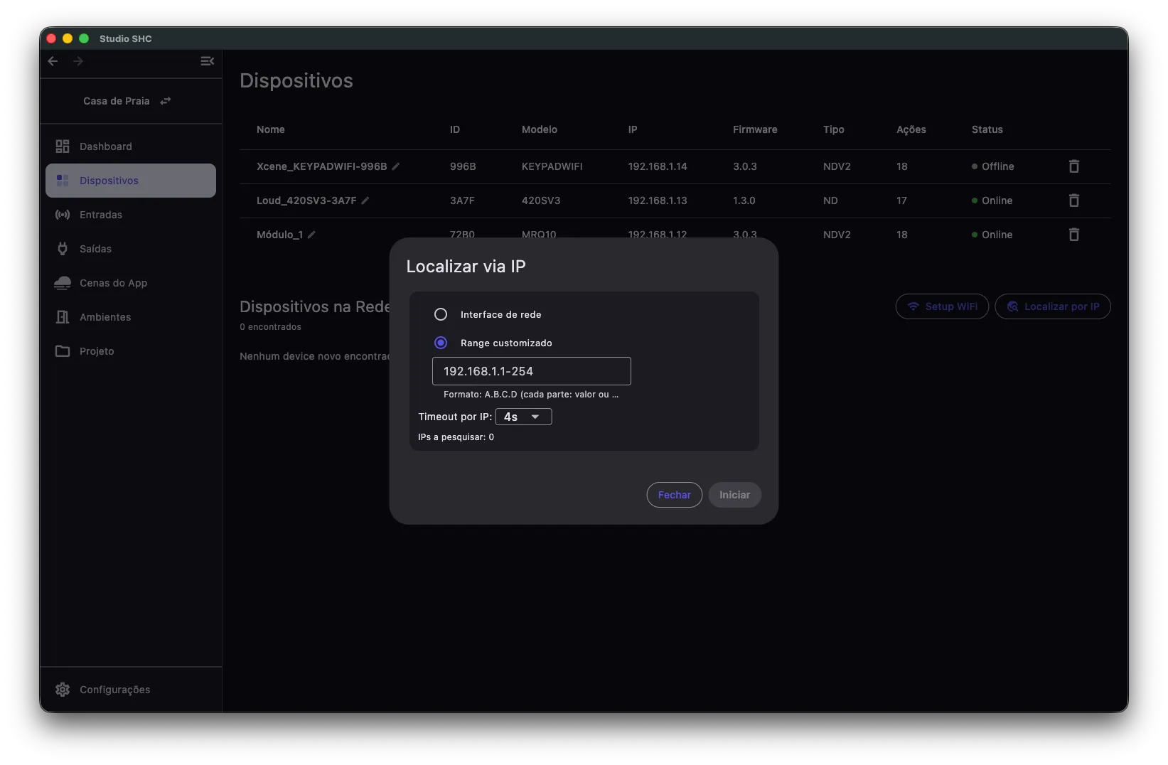 Janela Localizar via IP com a opção Range customizado