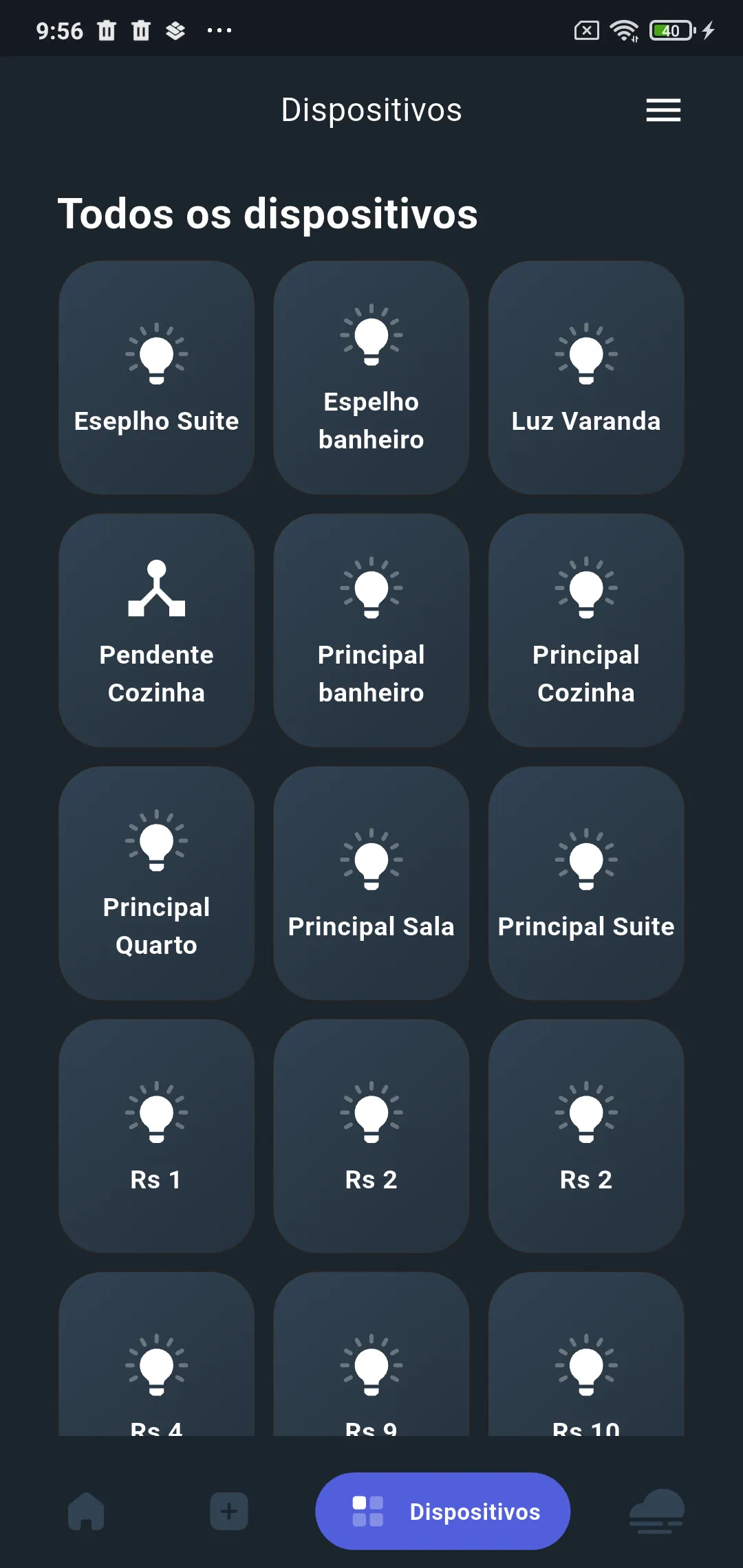 Tela Dispositivos com a lista Todos os dispositivos em cartões, como Espelho banheiro, Luz Varanda e Principal Sala