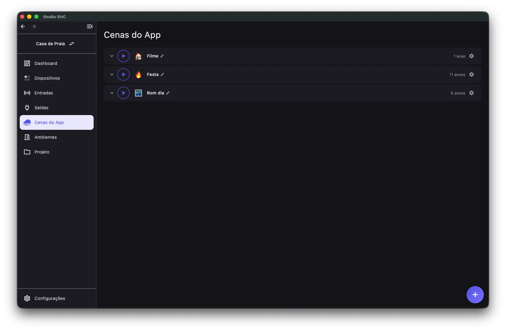 Tela Cenas do App com a lista de cenas