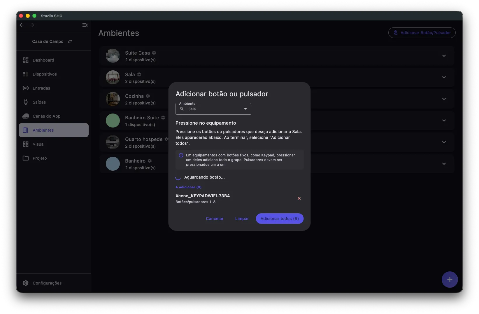Lista A adicionar com botões de mais de um equipamento