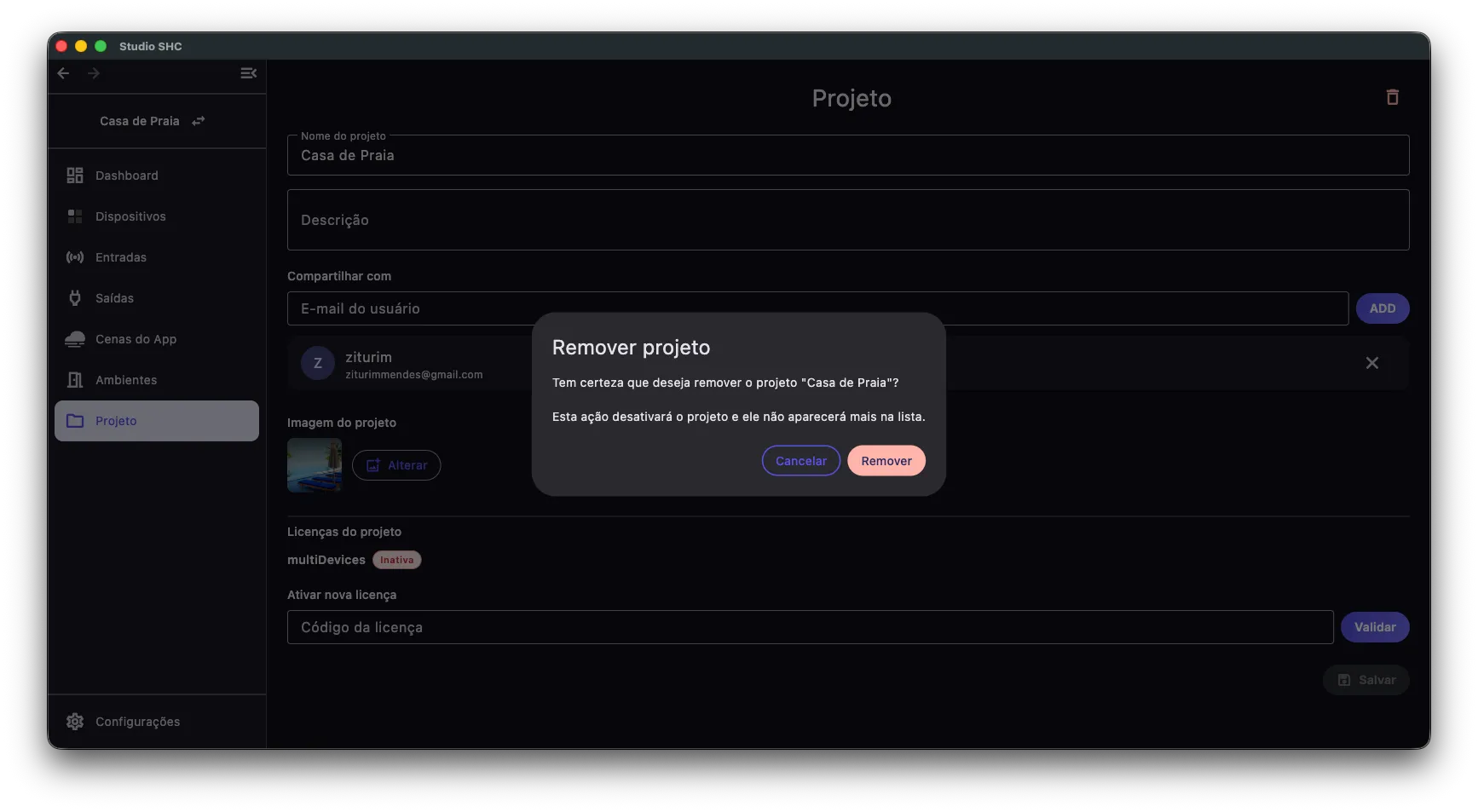 Janela de confirmação para remover o projeto