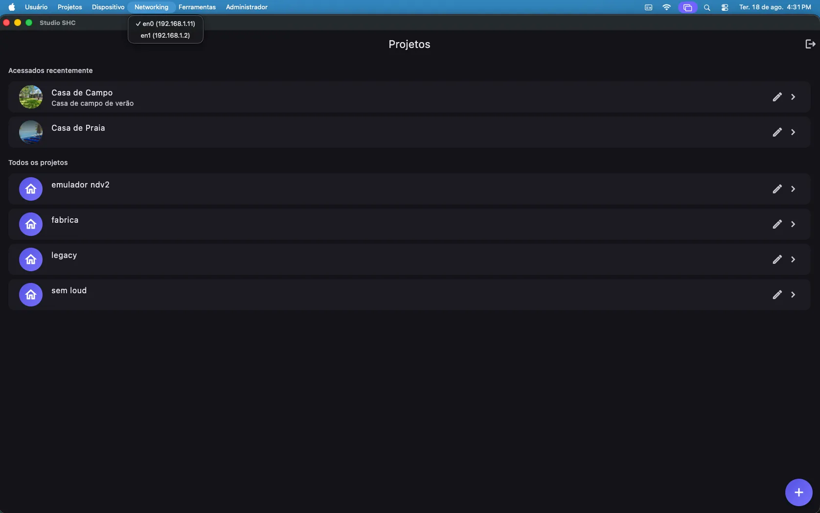 Menu Networking com as redes detectadas