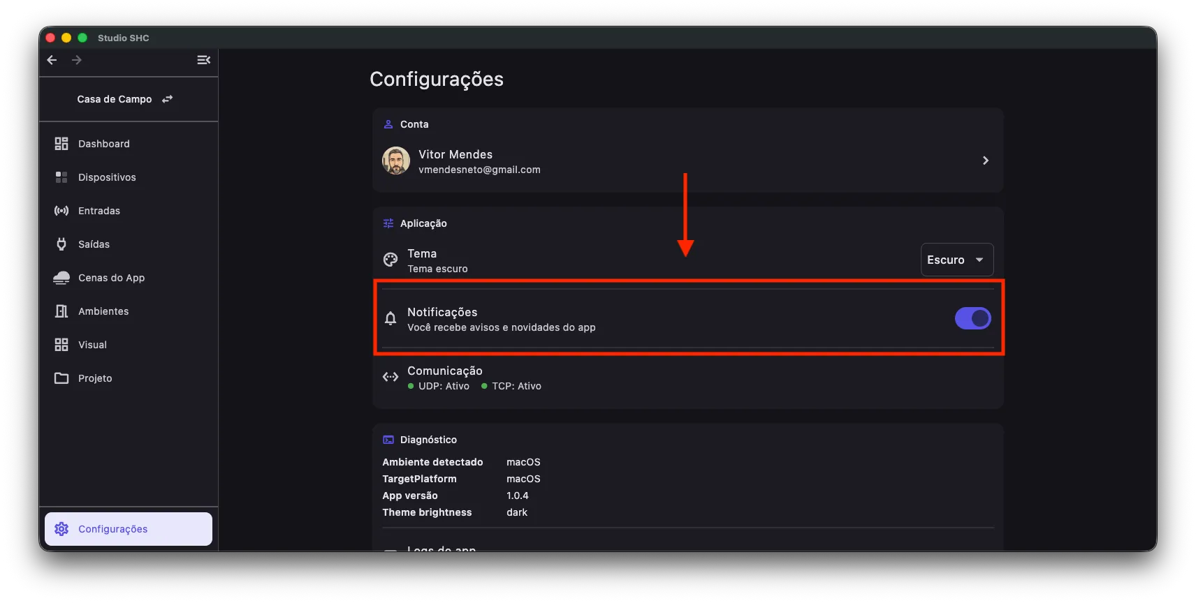 Tela de notificacao