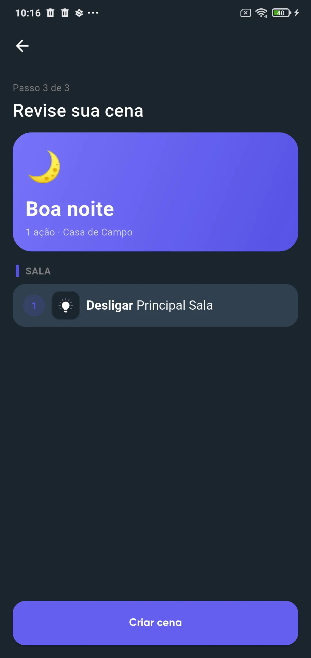 Passo 3 de 3, Revise sua cena, com o cartão da cena Boa noite, a ação agrupada pelo quarto e o botão Criar cena