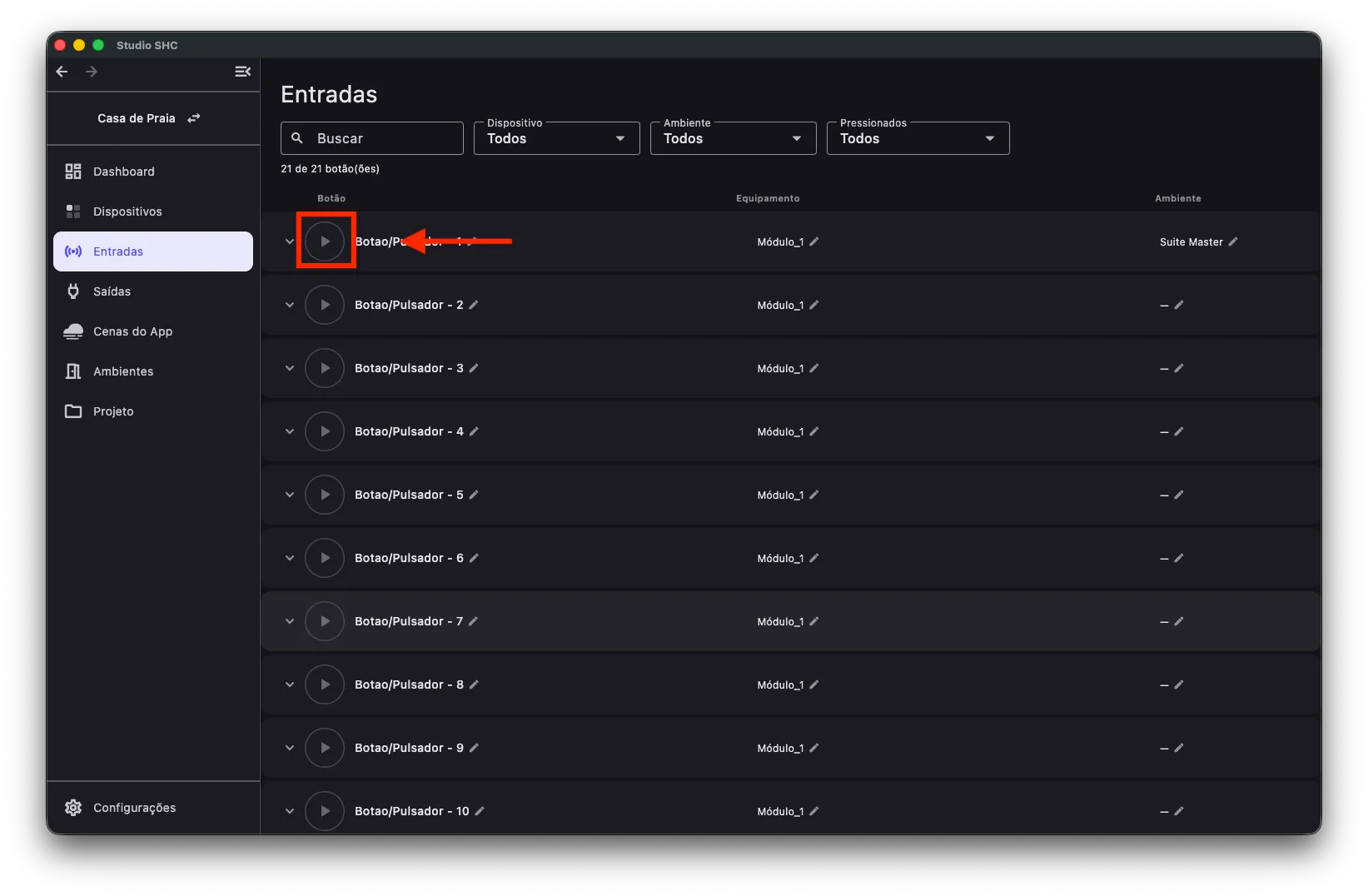 Botão de play na linha da entrada