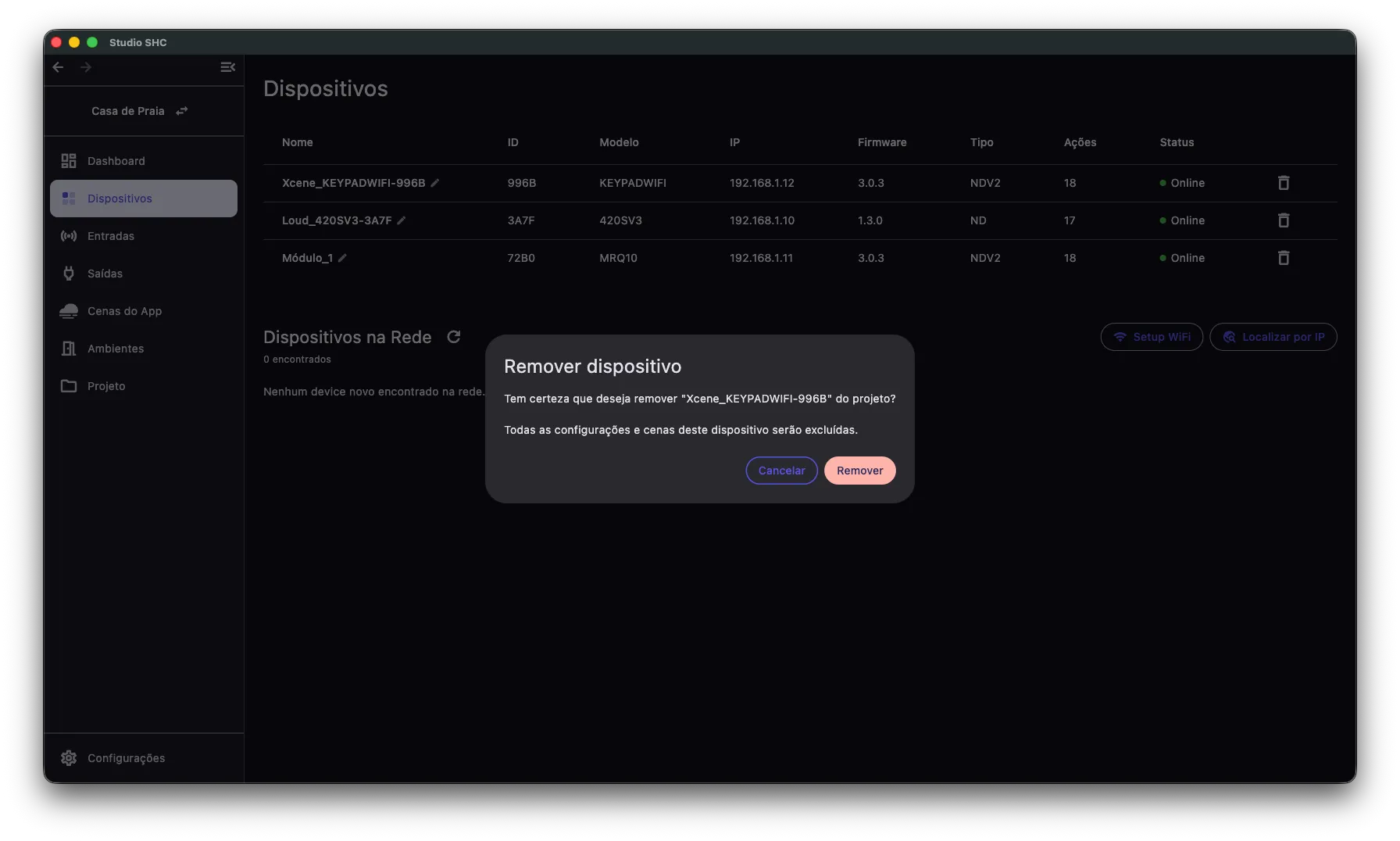 Mensagem de confirmação para remover o dispositivo