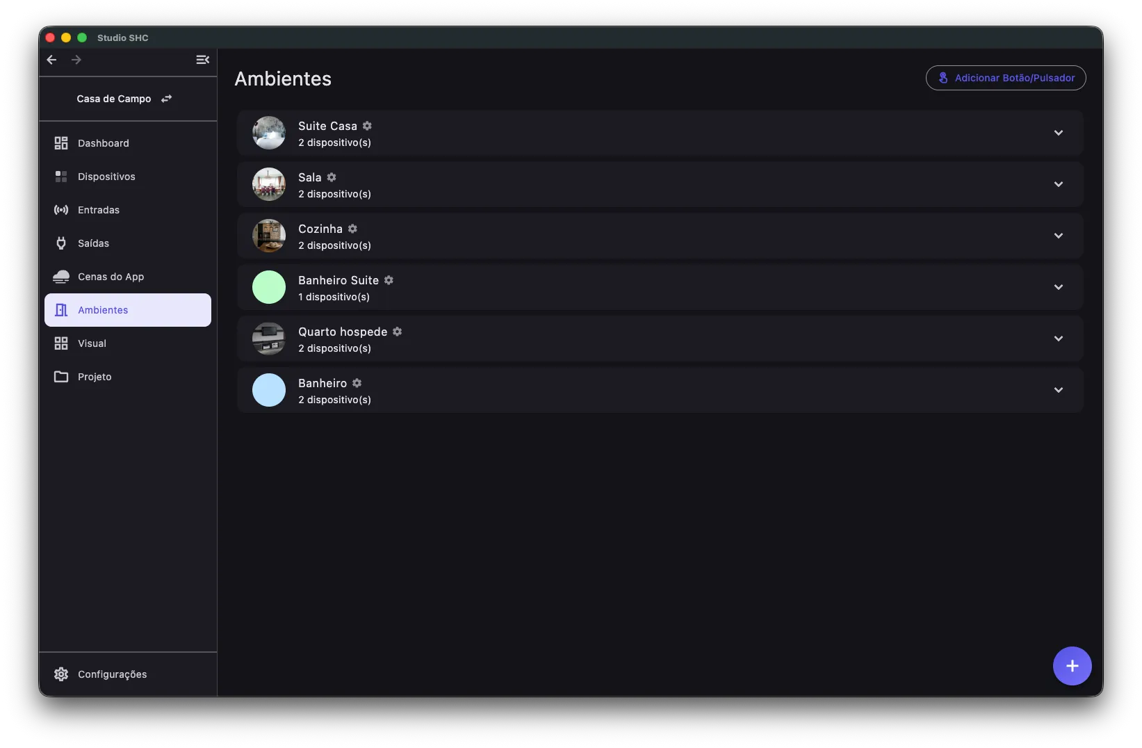 Tela Ambientes com a lista de ambientes do projeto