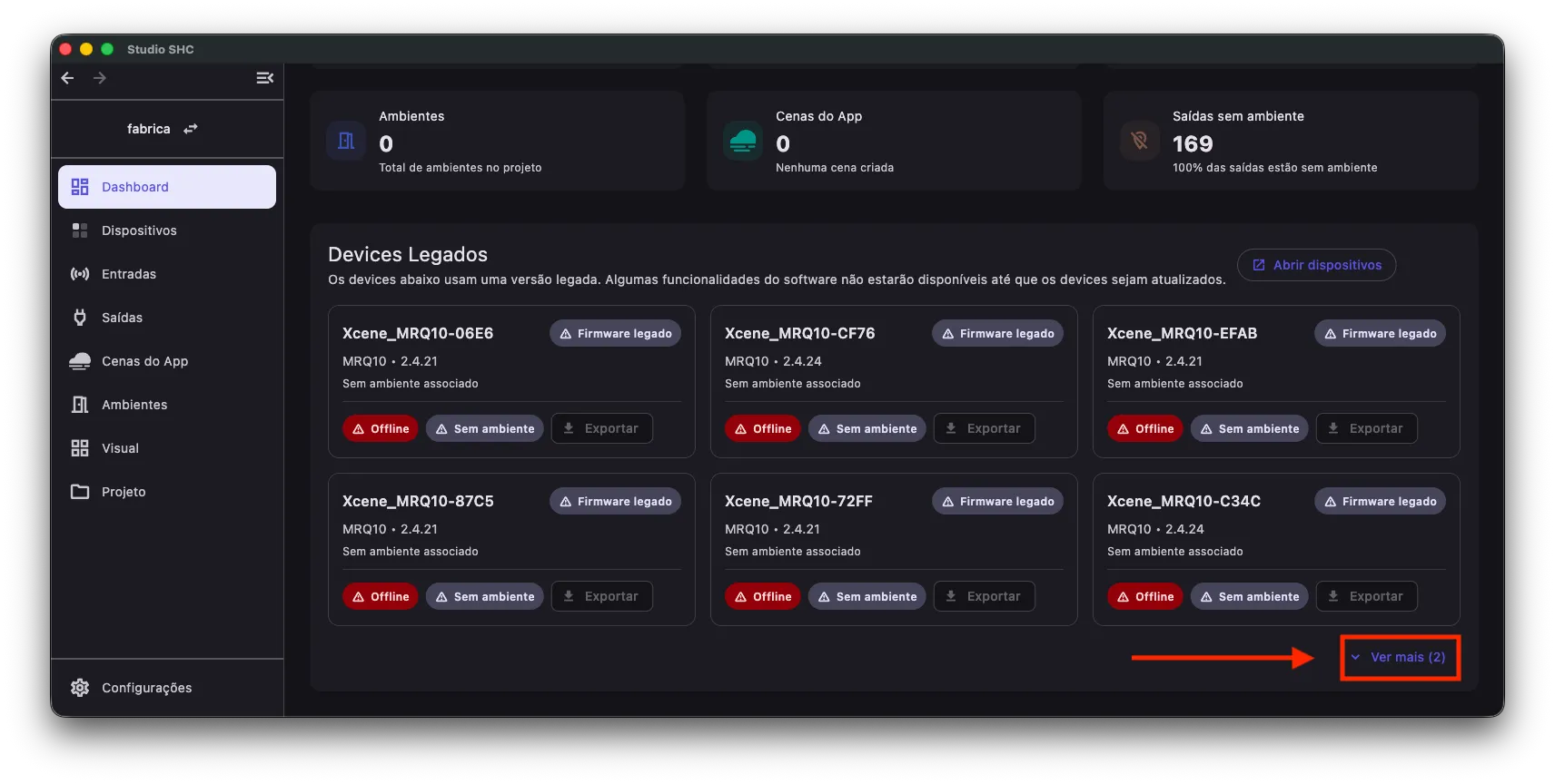 Botão Ver mais no fim da seção Devices Legados